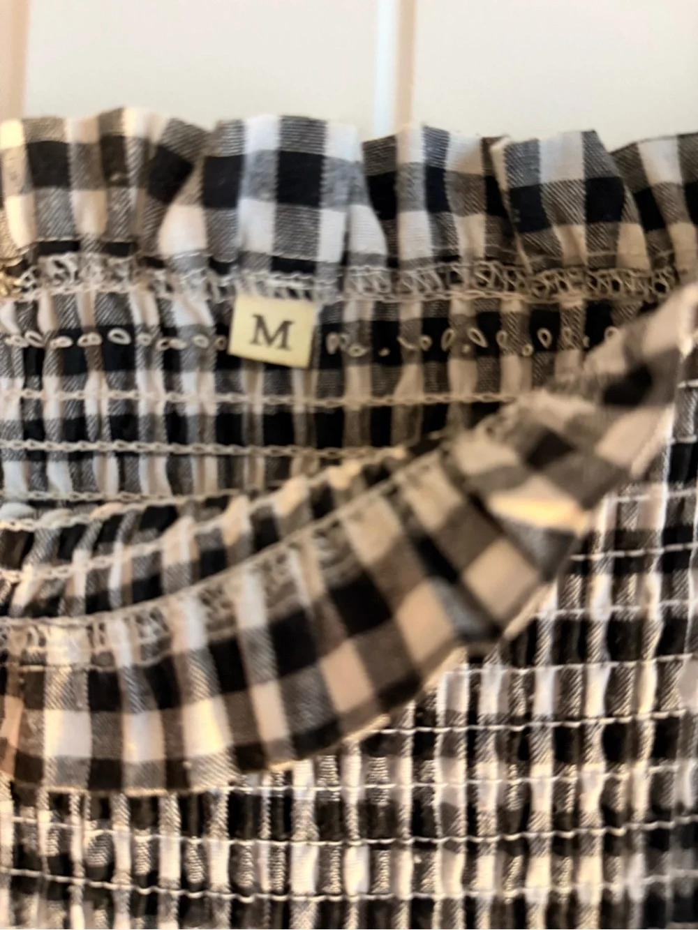 Smocked Black and White Gingham Midi Dress
